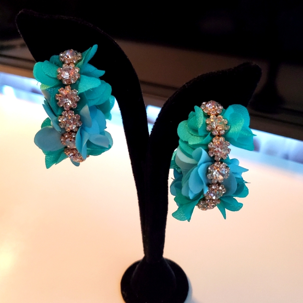 Flower & Rhinestone Earrings ~ Teal